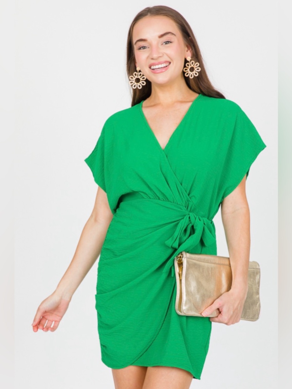 She + Sky green short-sleeve wrap dress featuring a V-neckline